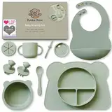 Bubba Bear Silikon Baby Geschirrset, Rutschfest Kindergeschirr Set mit Saugnapf, 11 Stück BPA Frei Esslernbesteck Sets mit Löffel Gabel Schüssel Lätzchen Becher Trinklernbecher (Salbei Grün)