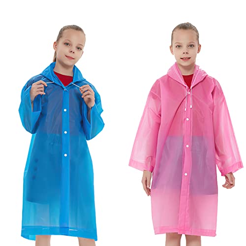 Kinder Regenponcho, 2 Stück EVA Wasserdicht Regencape für Mädchen Jungen, Wiederverwendbar Kinder Regenmantel mit Kapuze, Tragbare Kleinkind Regenumhang für Outdoor Schule Reisen (Rosa Blau/90cm)