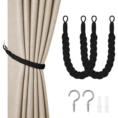 HOTUT Vorhang Raffhalter, 2 Stück Curtain Rope Buckle, Handgestrickte Vorhang-Raffhalter, Vorhangbinder, Gardinen Raffhalter für Haus Office, Wohnzimmer, Schlafzimmer-Schwarz