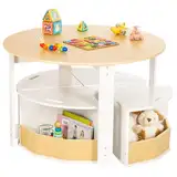 Yorbay Kindertisch mit 4 Stauraumhocker, Kindersitzgruppe, Kindermöbel Set aus Holz, Sitzgruppe für Kinder, Maltisch für Kinderzimmer, Spielzimmer, Vorschüler, Kindermöbel (Natur)