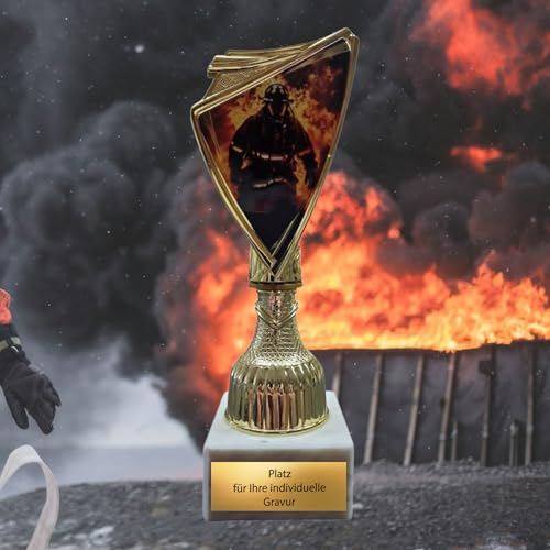 EBERiX · Feuerwehr Pokal mit 2D-Motiv · personalisierbar mit Wunschgravur · Marmorsockel · Trophäe · für Jugendfeuerwehr & Ehrenamt