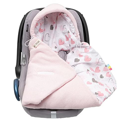 Mikos Baby Einschlagdecke Babyschale Frühling praktische Babydecke mit Kapuze für Neugeborenes (75cmx75cm) 100% Baumwolle Universal für Kinderwagen Buggys, Maxi Cosi 3 Punkt Gurt (39)(Rosa)