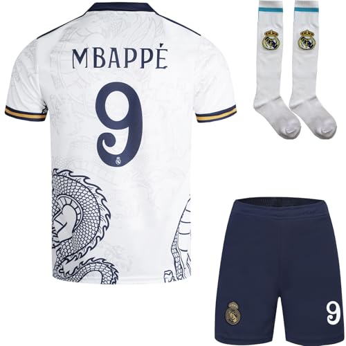 metekoc R. Madrid #9 Mbappe Kinder Trikot Fußball Spezielle Golddrachen-Edition, Shorts und Socken Jugendgrößen (Weiß, 26 (8-9 Jahre))