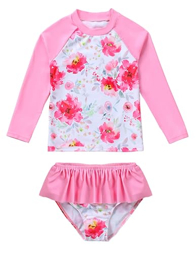 puseky Mädchen Rash Guard Badeanzug Set 2 Stück Badeanzug mit Ruffle Bikini Bottoms Langarm Schwimmen Sets 5-6 Jahre