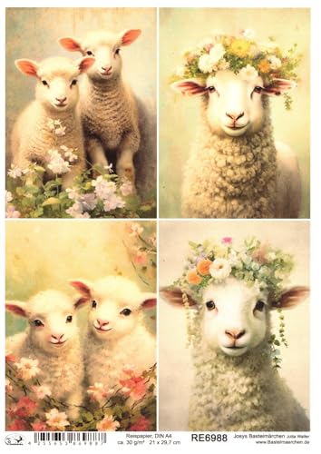 Josys Bastelmärchen Reispapier DIN A4 Strohseide Decoupage Motiv Ostern Schaf Lamm Blumen RE6988