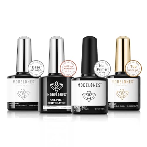 Modelones Base und Top Coat Set mit Primer für Gelnägel Dehydrator für Nägel 10ML, Gel Nagellack No Wipe Soak Off UV Nagellack Unterlack & Überlack für Gelnägel Nail Art Maniküre