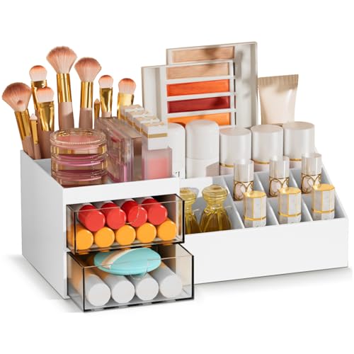 Subsky Make up Organizer mit Schubladen, Multifunktion Schminktisch Organizer Einfache Aufbewahrung für Make-Up Pinsel Wattepads, Schreibtisch Organizer für Dresser Skincare Weiß