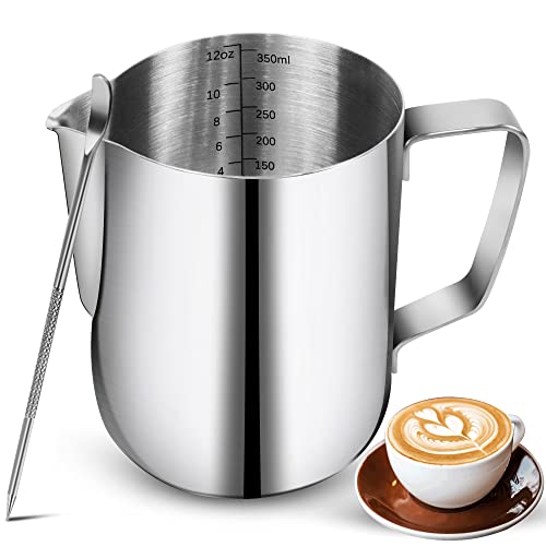 Milchaufschäumkrüge, 350 ml 12oz, Edelstahl-Espresso-Dampfkrüge mit Dekorationsstift, Kaffee, Milchaufschäumer, Tasse mit Skala, Cappuccino, Latte, Art, Barista, Dampfkrüge, Milchaufschäumer Tasse
