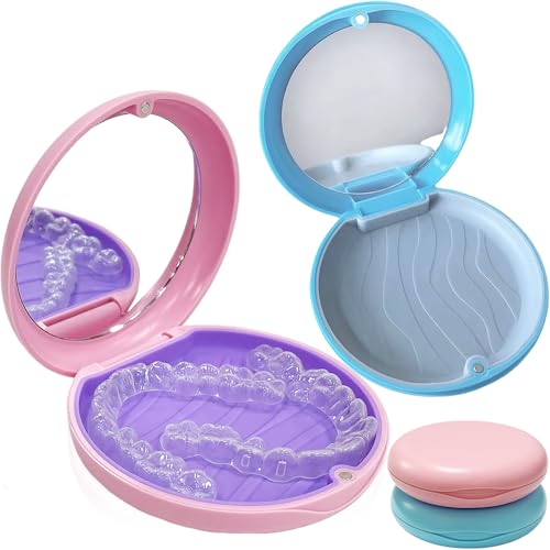 Zahnspangendose,2 Stück Zahnprothesen Box Mit Spiegel Spangendose Dose Tragbarer Zahnschiene Box Dentalbehälter für Die Aufbewahrung Von Zahnspangen und Zahnersatz(Blau und Pink)