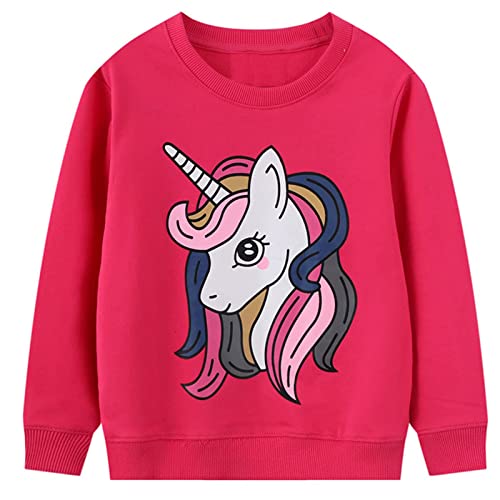 JinBei Baby Mädchen Sweatshirt für Kinder Pullover Baumwolle Top Casual Jumper Kleinkind Einhorn Pferd Druck Rose Rot Langarmshirt Sweater, Herbst Winter Frühling Schule Täglich 2-3 Jahre alt