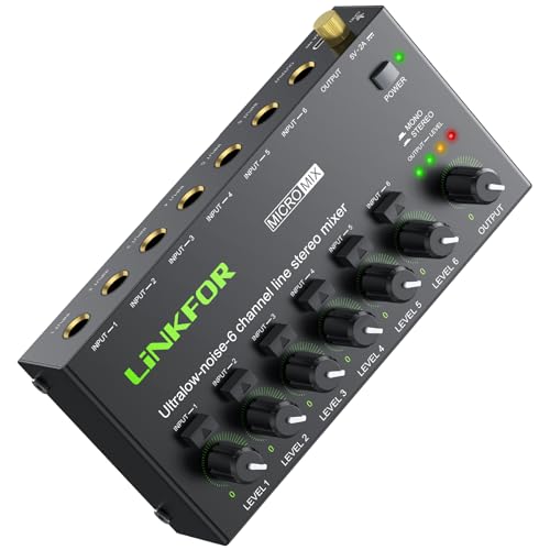 LiNKFOR 6 Kanal Mini Stereo Audio Mixer Ultrakompakter Audiomixer Unabhängige Lautstärkeregelung für Mischungen, DC 5V Type-C Mini-Audiomischer mit Netzteil Audiokabel - Ultra Niedrig Noise