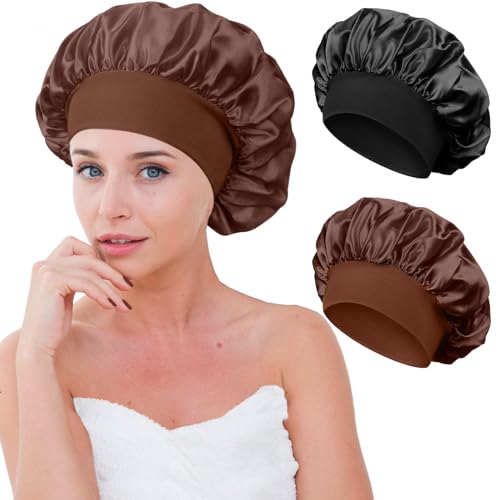 Seidenhaube zum Schlafen, 2 Stück Silk Bonnet Sleep Cap Verstellbar Schlafhaube Seide, Atmungsaktive Schlafmütze Damen Mädchen Satin Haarhaube für die Nacht Haare Schützen (Kaffee, Schwarz)