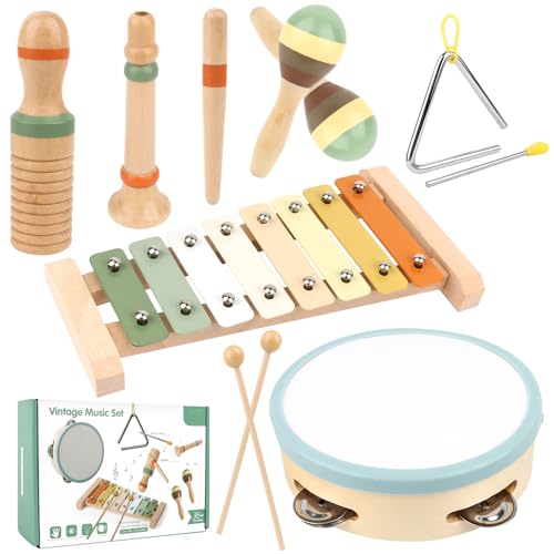 Musikinstrumente für Kinder Kinderspielzeug ab 3 Jahre, Holzspielzeug Baby Schlagzeug Kinder, holzspielzeug Trommel Xylophone für Kinder, Musikspielzeug mit Aufbewahrungstasche für Jungen Mädchen