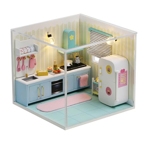 OSDUE DIY Miniatur Puppenhaus Kits, 3D Puzzle Haus Modellbausätze, Puppenhaus Miniatur mit Möbeln, DIY hölzernes Puppenhaus Kit, Basteln Bastelset Geschenke für Erwachsene und Kinder, Mini Küche