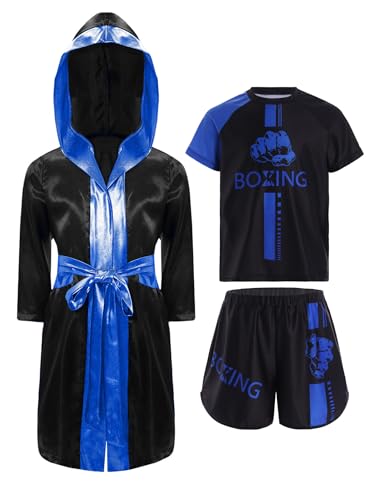 Kaerm Kinder Junge Sanda Kleidung Muay Thai Anzug Langarm Boxer Mantel Boxen Kapuzenuamhang Mit Sportshirt Shorts Boxer Kostüm Blau 122-128