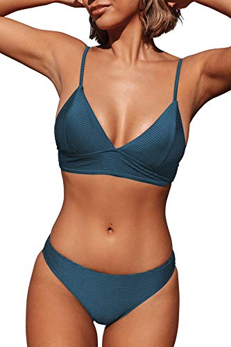 CUPSHE Damen Bikini Set Triangel Breites Unterbrustband Gerippte Bademode Zweiteiliger Badeanzug Blau M