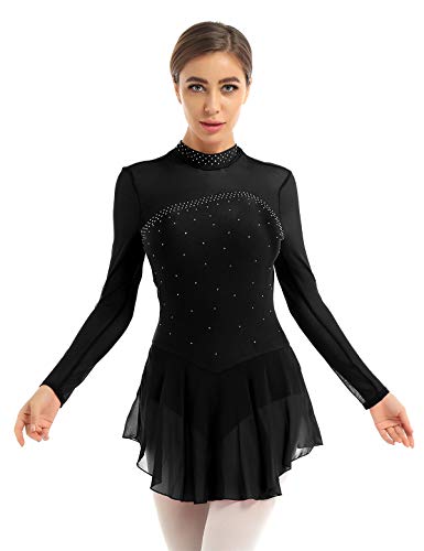 Freebily Damen Eiskunstlaufkleid Glänzend Strasssteine Rollschuhkleid Ballettkleid Tanz Trikot Gymnastik Kleid Schlüsselloch Rücken Schwarz L