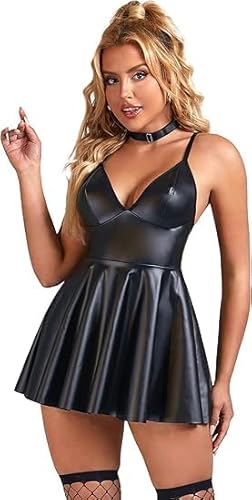 Satohom Weihnacht Damen Sexy Lederkleid Dessous Weihnachten Wetlook Babydoll Bodysuit Kleid Kunstleder Minikleid V-Ausschnitt Bikini Rückenfreie Clubwear Nachtwäsche Größen Mesh Weiblich Negligee