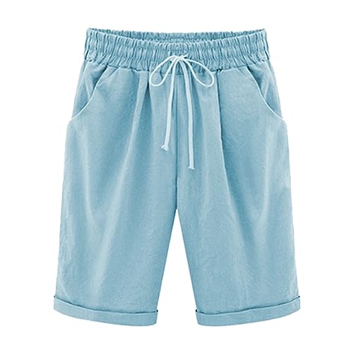 Modische Hose für Damen 2024, Sommer-Shorts, elastische Taille, knielang, lässige Baumwoll-Leinen-Shorts, Curling, athletische Shorts mit Kordelzug, hellbrauner Strampler, grün, XXX-Large