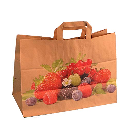 250 Bio Papiertragetaschen Papiertüten Tragetaschen Papier braun 36+17x27cm 90g/m² nassfest mit Neutralmotiv Beeren Obst Früchte