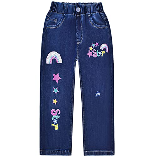 Peacolate 5-12Jahre Kleine Mädchen Stretch Langarm Jeanshose Blau Denim Hose Straight Gestickte Regenbogen Stern Jeans(Stern,7-8Jahre)
