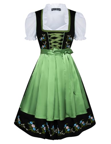 SCARLET DARKNESS Damen Trachtenkleid 3tlg Dirndl Kleid für Oktoberfest Kleid, Bluse, Schürze Schwarz und Grün S