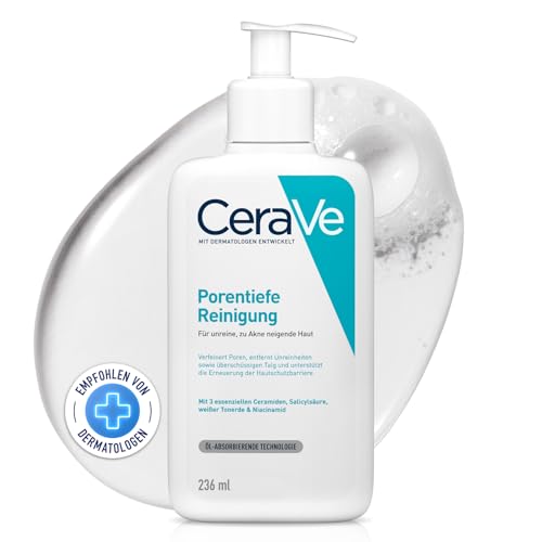 CeraVe Schäumendes Reinigungsgel für das Gesicht, Porentiefe Reinigung bei unreiner und zu Akne neigender Haut, Mit Salicylsäure, weißer Tonerde und Niacinamid, 236 ml