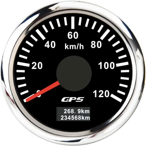 ELING 52 mm GPS-Tachometer 0–120 km/h Kilometerzähler mit 7 Farben Hintergrundbeleuchtung 12 V 24 V für Schiffe Yachten (schwarz+edelstahl, 0-120KM/H)