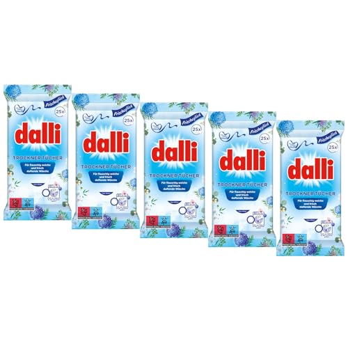 dalli Trockner-Tücher I für ca. 125 Trocknungsvorgänge | 5 x 25 Tücher (125 Tücher) I macht die Wäsche flauschig weich und bügelleichter