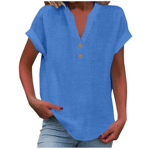KOG Damen T-Shirt Lose Baumwolle Leinen Tunika Retro Kurzarm Longshirt Frau Longbluse Basic Leinenhemd Tshirts Warehouse Deals Angebote Rundhals Slim Fit Shirt Amazon Warehouse Deal Blau XL