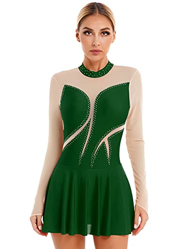 iEFiEL Damen Langarm Ballettkleid Eiskunstlauf Kleid mit Glitzer Kristallen Ballettkleidung Gymnastik Leotard Turnanzug Tanzkostüm Zb Grün S