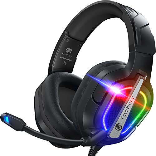 Fachixy「2024 New」FC200 Gaming-Headset für PS4/PS5/PC/Xbox One, Geräuschunterdrückung, Gaming-Kopfhörer, Headset mit Stereo-Mikrofon-Sound mit 3,5-mm-Klinkenstecker mit RGB-Licht - SCHWARZ