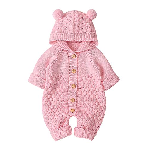 Neugeborene Baby Mädchen Jungen Kleidung Langarm Gestrickt Kapuze Strampler Body Overall Jacke Frühchenkleidung Erstausstattung Babysachen Set Herbst Winter Babykleidung Rosa-Haarball 6-12 Monate