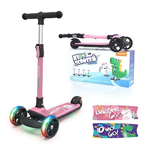 besrey Kinder Roller, Höhenverstellbarer Kinderscooter, Faltbarer Tretroller mit LED-Leuchträdern für Jungen & Mädchen von 2 bis 8 Jahren - Einhorn Rosa