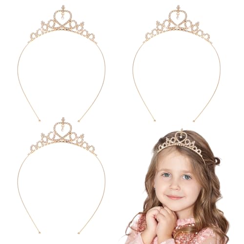 3 Stück Madchen Strass Krone, Prinzessin Tiara Krone Damen, Herzform Mädchen Kristall Tiara Strass Hochzeit Krone Braut Stirnband für Geburtstag, Hochzeit, Festzug, Party(Gold)