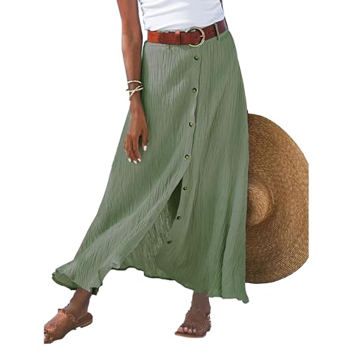 Damen Knöpfen Einfarbige Lange Röcke mit Taschen Slim Sexy Elegant Lockere Maxirock Sommer Casual Bequeme Wrapped Halb Rock (Grün2,L)