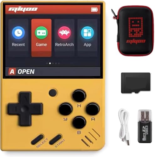 Whatsko MiyooMini V4 Handheld Spielkonsole,Miyoo-Mini Retro Konsole 64GB mit 10000 Spielen,Pocket Handheld Game Spielkonsole Cortex-A7 Linux System 2.8 Zoll IPS Screen 2000mAh(Gelb)