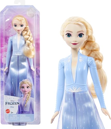 Mattel Disney Prinzessin Elsa Puppe, Die Eiskönigin Puppe im Reiseoutfit, kämmbare blonde Haare, beweglich, ausziehbarer Rock und Stiefel, Disney Geschenke, Spielzeug ab 3 Jahre, HLW48