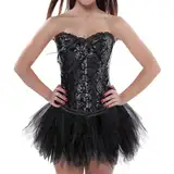 Schwarzes Korsett Kleid, Korsett Damen mit Rock Corset und Tüllrock 2 Teilig Schnürkorsett Vollbrust Bustier Korsage Schwarz Vintage Bequem Corsage Tutu Mädchen Festlich Karneval Fasching Kostüm