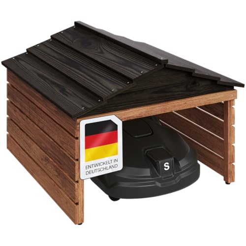 STEELSØN Mähroboter Garage Nembus, Garage für Rasenmäher aus Holz mit abnehmbaren Dach, Mähroboter Haus braun/schwarz lackiert, Überdachung, Unterstand 53,5x78,5x74,5 HxTxB