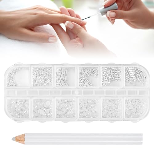 GOLRISEN Nagelsteine Weiße Perlen für Nägel Halbrunde Perlenkugeln Strasssteine Nail Art Dekorationen Nagel Mini Perlen Nagelzubehör mit Dotting Pen für DIY Nagel (1 Schachtel/12 Raster,12 Größen)