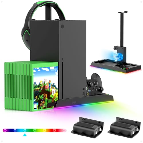 FASTSNAIL RGB LED Ständer Kompatibel mit Xbox Series X, Controller Ladestation für Xbox mit wiederaufladbar 2x1400 mAh Akkus, Lüfter kühler für Xbox Series X, Zubehör für Xbox Series X