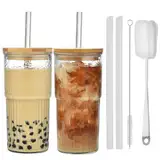 VITEVER 2 Stück Bubble Tea Becher 600ml Transparente Gestreifte Glas mit Deckel, Eiskaffee Gläser, Geriffelte Gläser, Longdrinkglas Set, Glasbecher Trinkglas, Smoothie-Becher