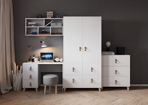 Fabryka Mebli Idźczak Kinderzimmer-Set Figo Elegante Schrank Kinder Kommode Schreibtisch Wandregal Ledergriffe - Skandinavischer Stil Stillvolles Modern Design (Weiß/Weiß)