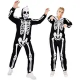 Evolyline Halloween Skelett Jumpsuit Unisex mit Kapuze Onesie Gruselig Halloween Kostüm Overall für Damen Herren Einteile Erwachsene Schlafanzug Männer Frauen Cosplay, Karneval