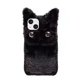 Herbests Plüsch Hülle Kompatibel mit iPhone 13 Mini,Karikatur Katzen Handyhülle Warme Flauschige Weiche Süße Tier Schutzhülle Case,Stoßfest TPU Stoßfänger Rückseite Telefonhülle für Mädchen,Schwarz