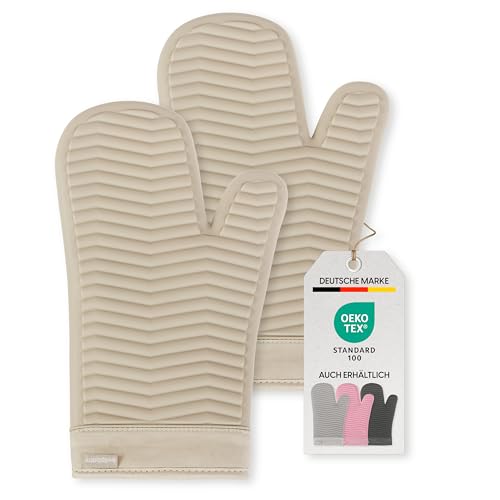 Bellphany Premium Silikon Ofenhandschuhe Paar - Design Topfhandschuhe zum Kochen & Backen, Backofenhandschuhe hitzebeständig bis 250°C, Beige