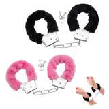 2 Paar Metall Handschellen mit Schlüssel Set, Plüsch Handschellen für Sexspiele, Cosplay Kostümzubehör Kinder Spielzeug für Kostümball Party Valentinstagsgeschenk (Pink&Schwarz)