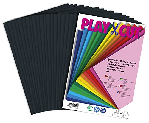 PLAY-CUT Tonpapier A4 Schwarz (130g/m2) | 20 Bogen Din A4 Papier zum Basteln Drucken | Dickes Bedruckbares Bastelpapier Set und Druckerpapier A4 | Premium Tonzeichenpapier & Craft Paper