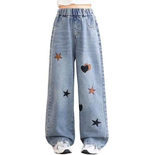Generisch Jeans Mädchen Mädchen Baggy Jeans Elastischer High Waist Cargohose Liebesdruck Denim Wide Leg Cargo Pants Hosen Mit Taschen Stretch Vintage Streetwear Y2k Jeans Kinder Jeanshose